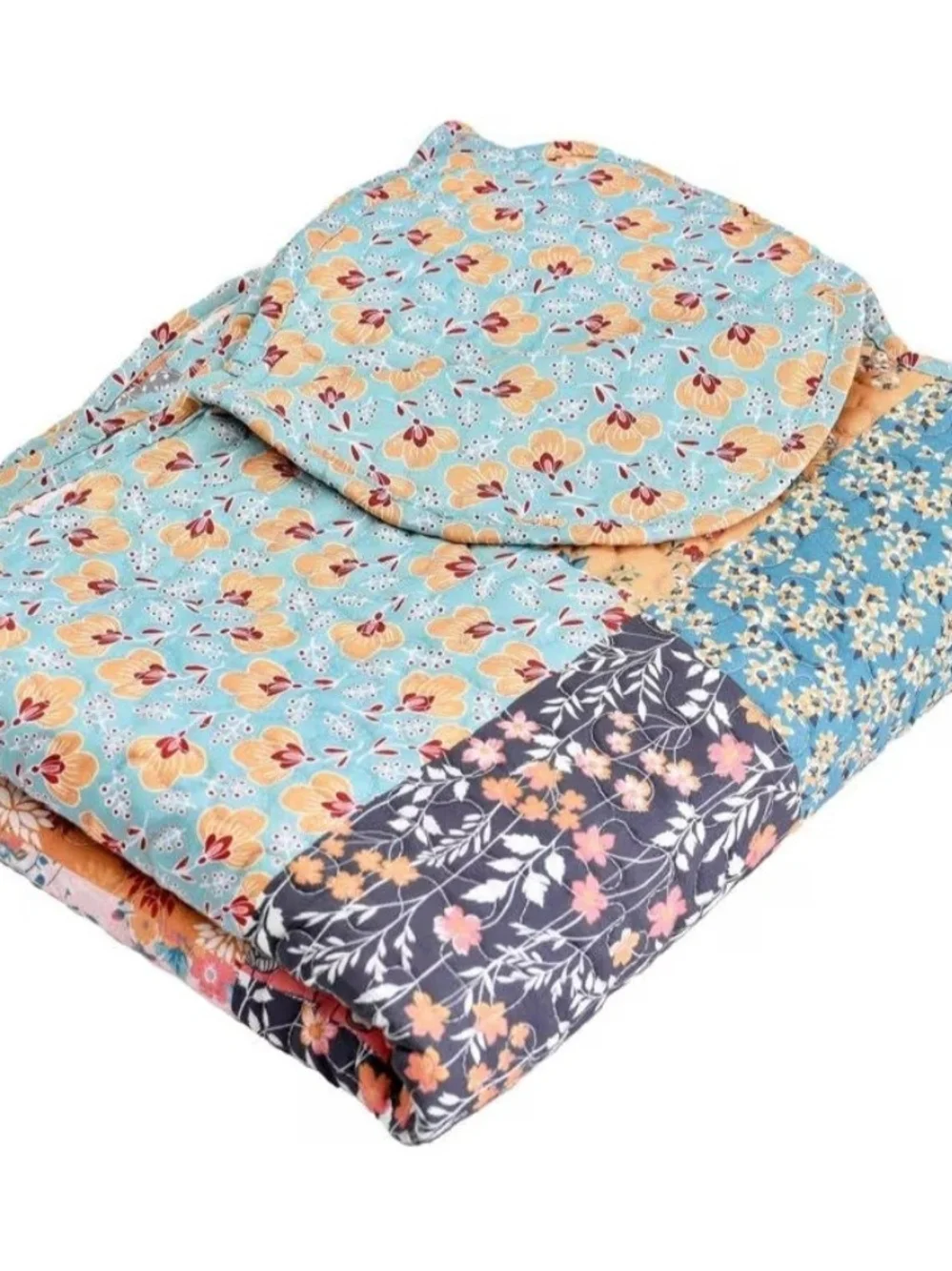 NEW Patchwork Floral Throw Blanket in Blue, Mustard & Pink